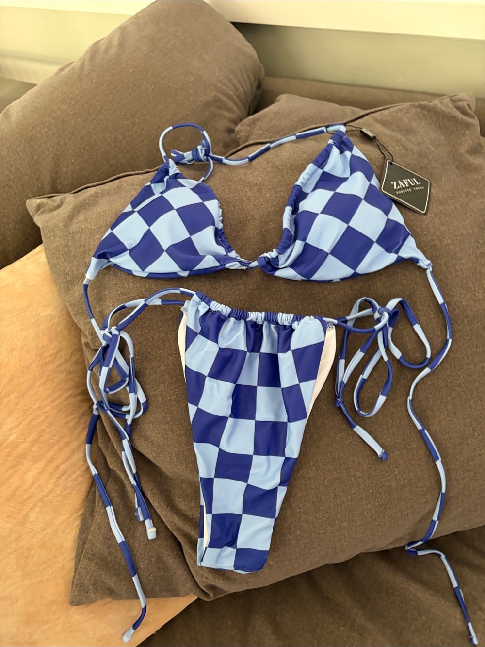 Zaful Navy and Light Blue Checkerboard Tie-Side Triangle Bikini
